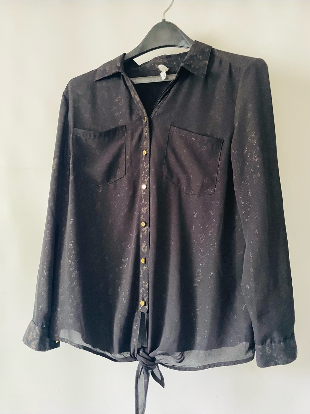 NY Collection Black Semi-Sheer Tie-Hem Blouse with Gold Buttons Sheer